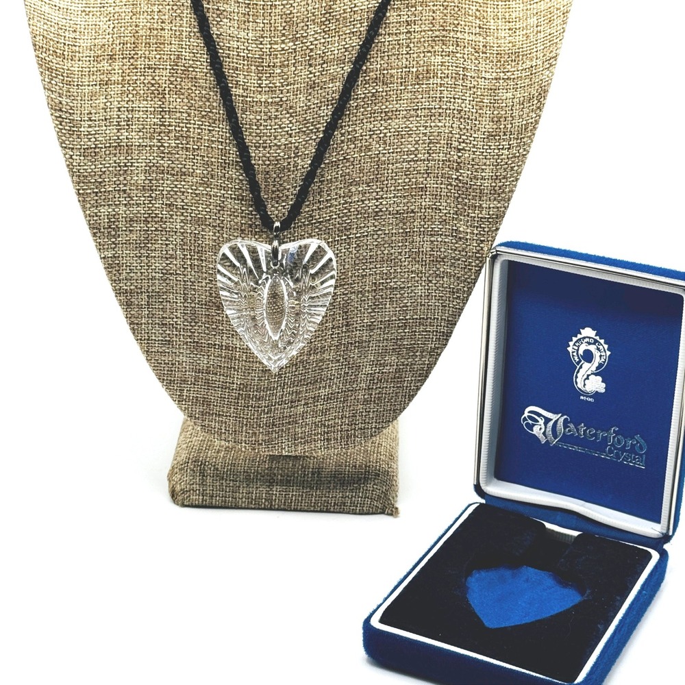 Vintage Waterford Crystal Heart Pendant Necklace Black Cord Original Box